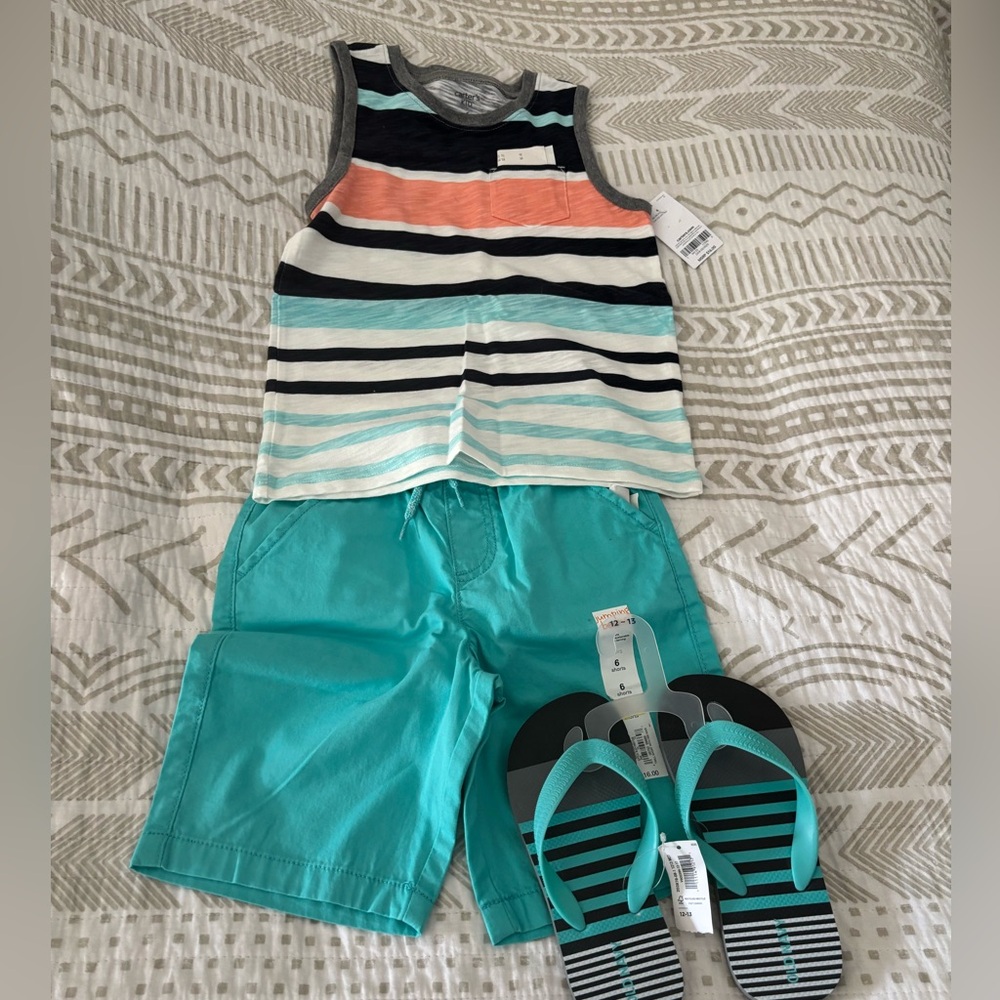 NWT boys summer set size 6 Striped tank top aqua drawstring shorts flip flops